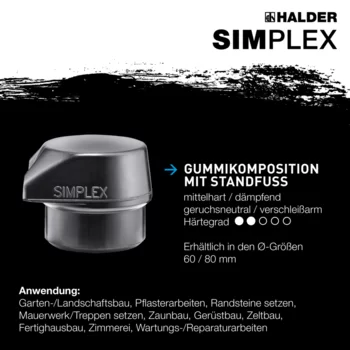                                             SIM­PLEX-Schon­häm­mer Gummikomposition, mit Standfuß; mit Tempergussgehäuse und hochwertigem extra kurzen Holzstiel
 IM0014710 Foto ArtGrp Zusatz de
